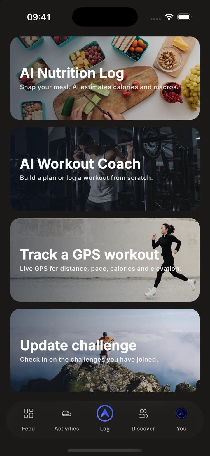 Current nobo app screen showing AI nutrition, AI Workout Coach, GPS workouts and challenges