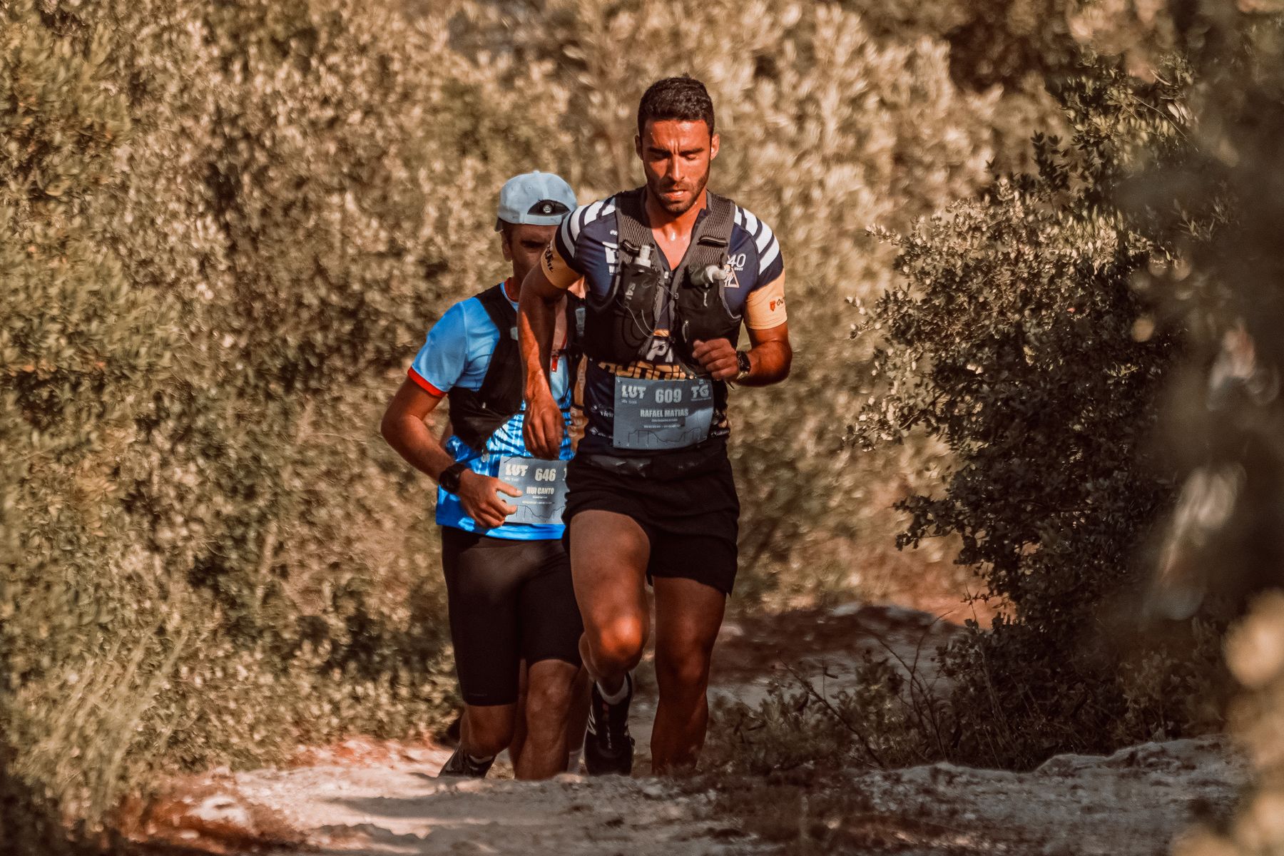 Athletes running along a wooded trail during a race