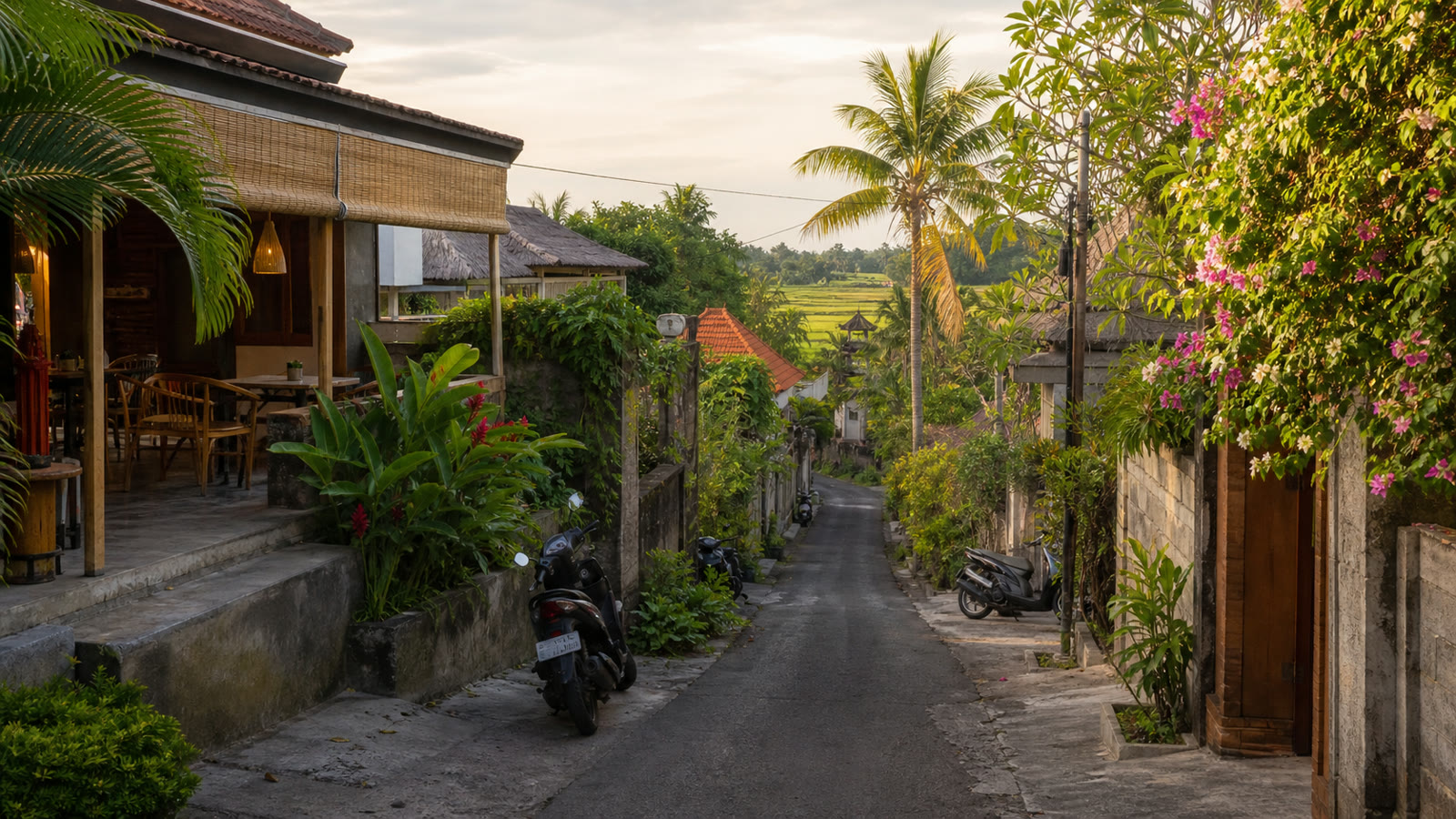 A leafy Bali residential lane with villas, scooters and rice fields in warm evening light
