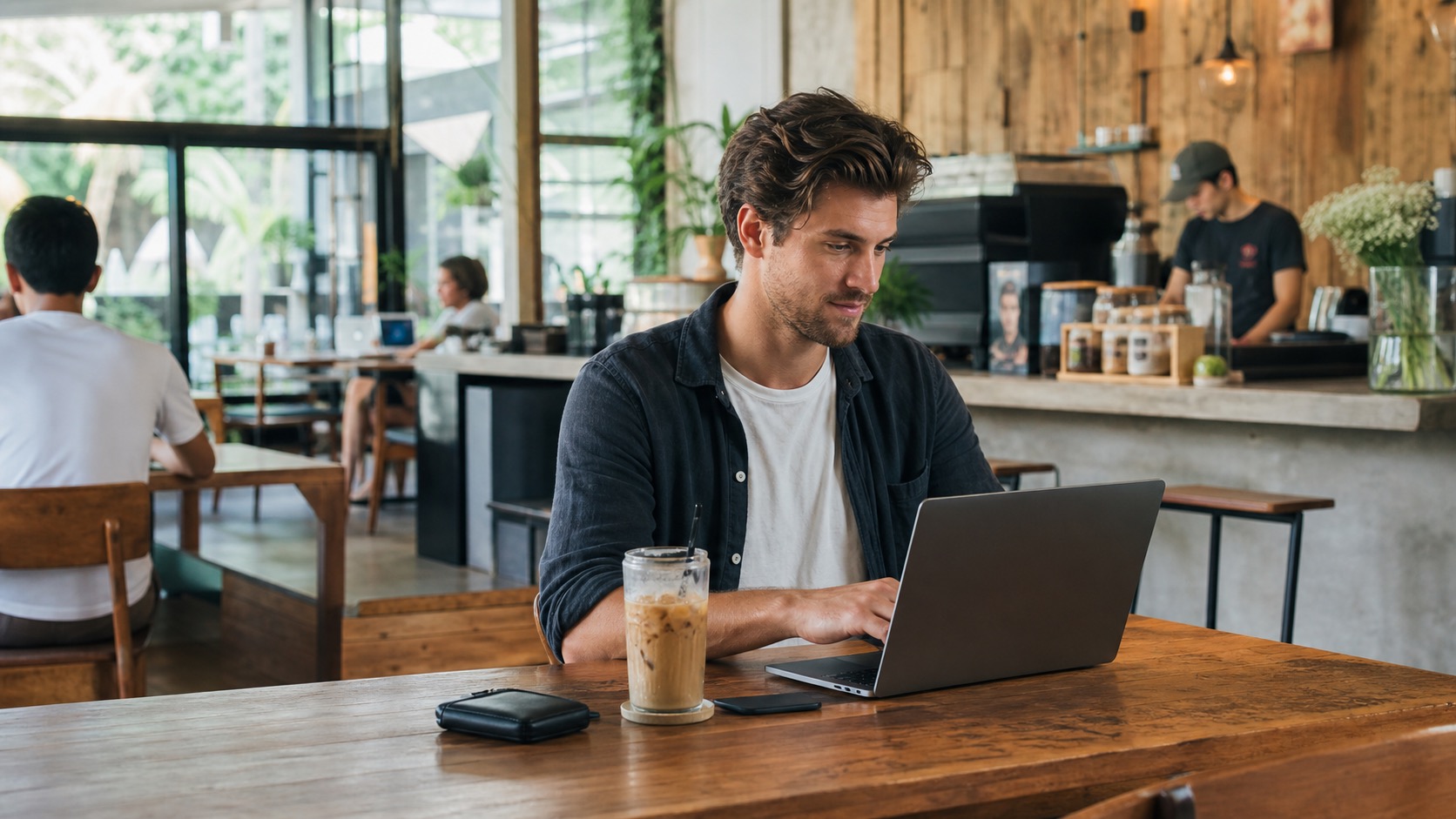 A remote worker using a laptop in a bright cafe