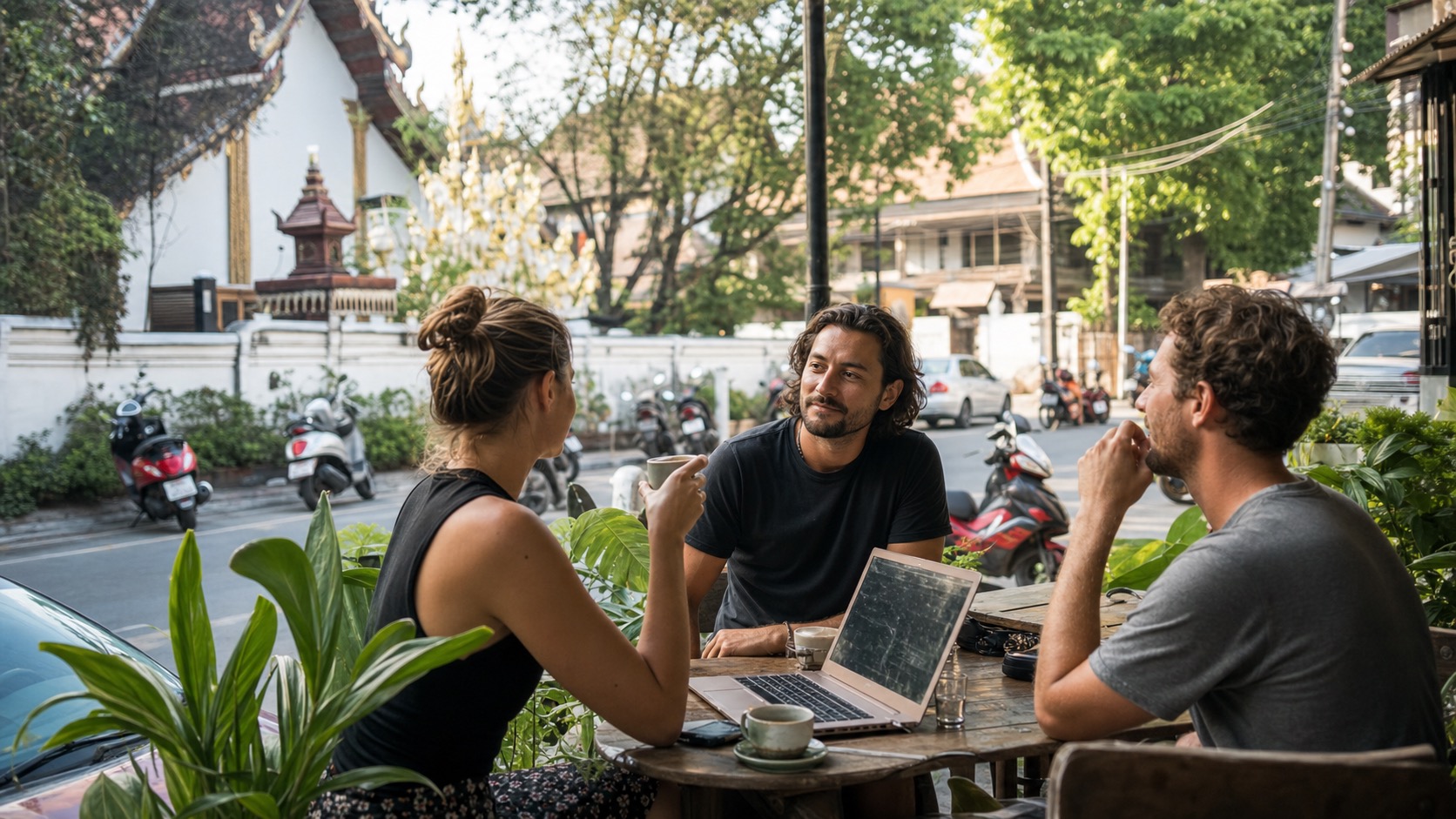 Young expats talking at an outdoor cafe table on a Chiang Mai street