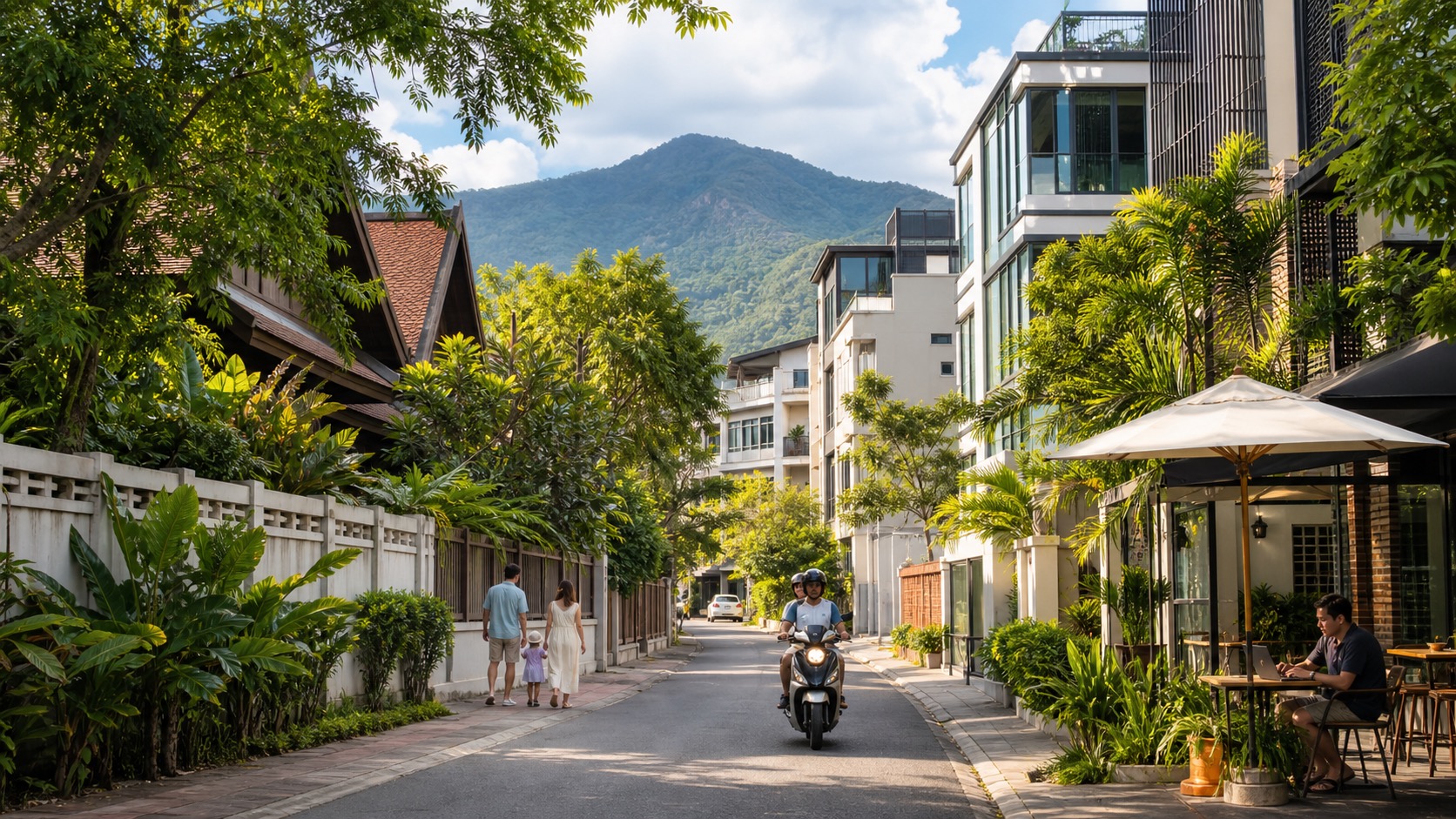 A leafy Chiang Mai residential street with condos, scooters and mountain views