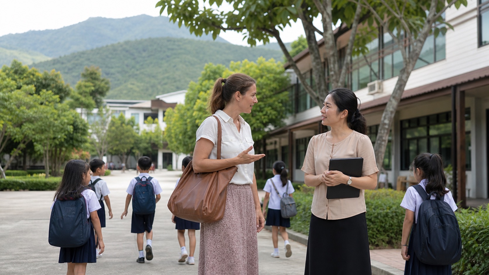 A parent speaking with a teacher on a Chiang Mai school campus with children walking nearby