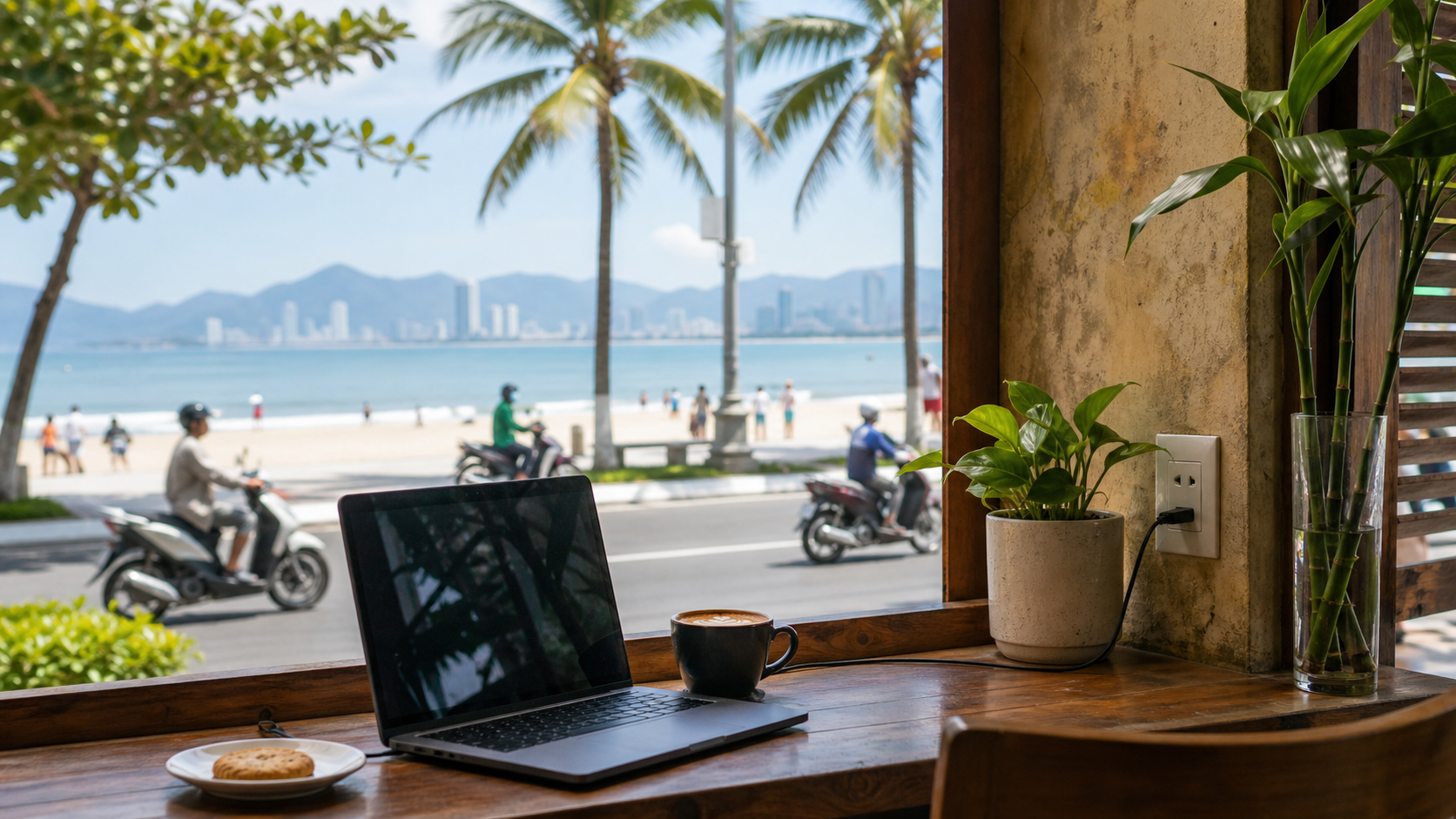 Remote worker in a cafe near Da Nang beach