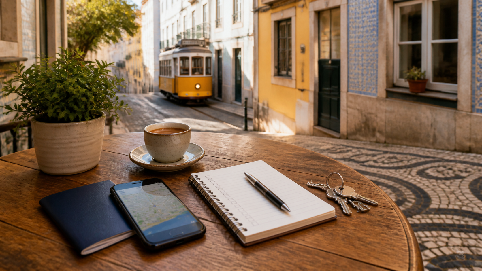 Passport, phone, checklist and keys on a cafe table in Lisbon
