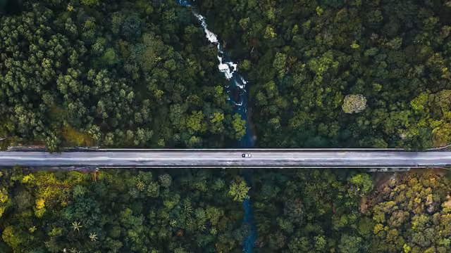 Aerial view of a road bridge crossing dense tropical forest
