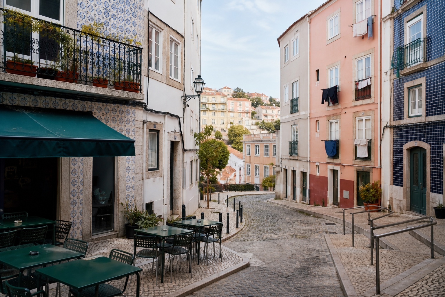 A lived-in Portuguese residential street with tiled buildings and a small neighbourhood cafe