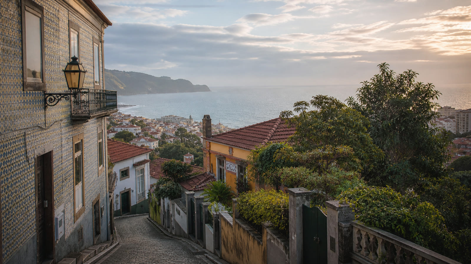 A steep Portuguese residential street with tiled houses, terracotta roofs and an Atlantic view