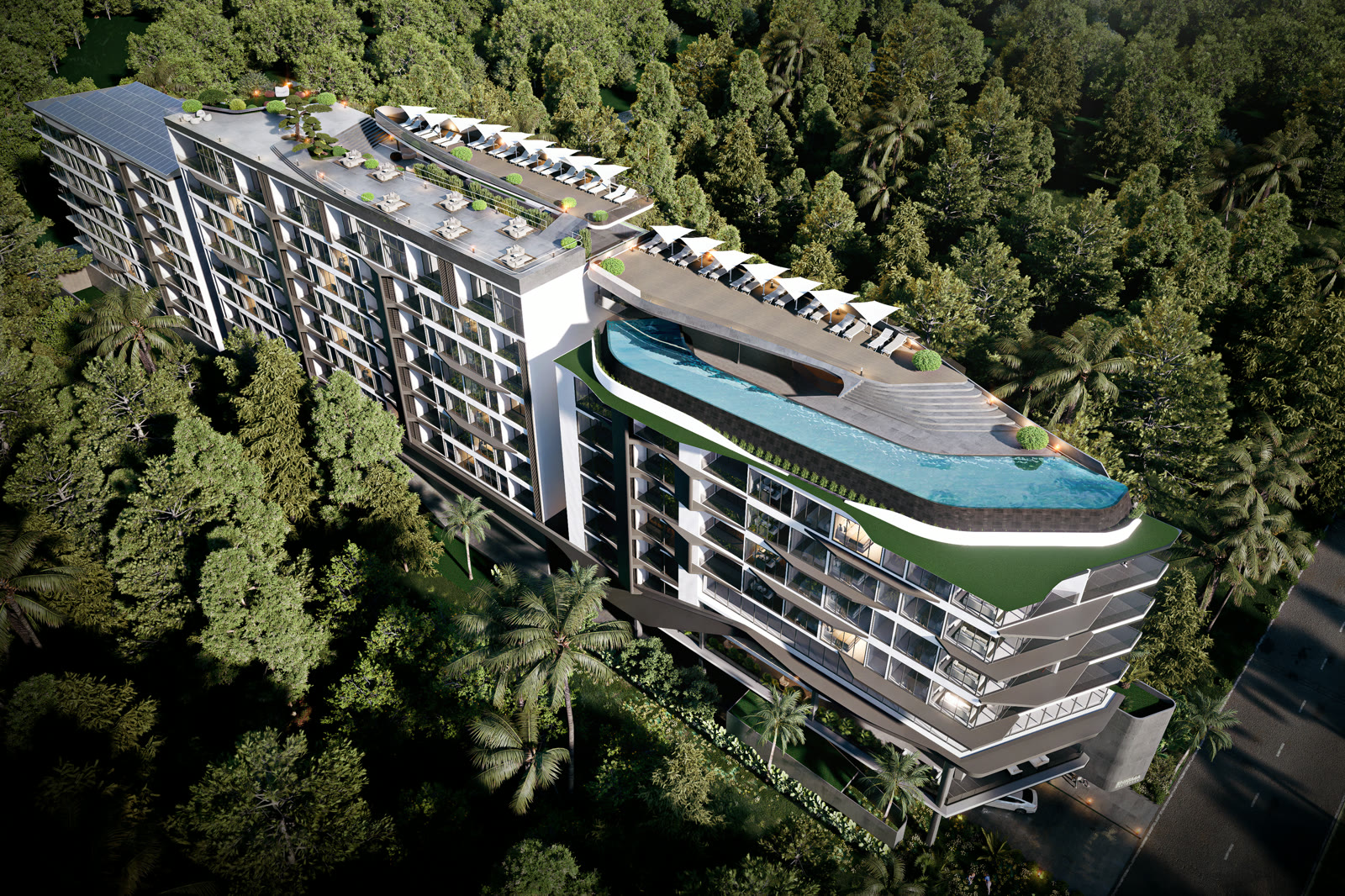 Aerial exterior rendering of Enigma Residence