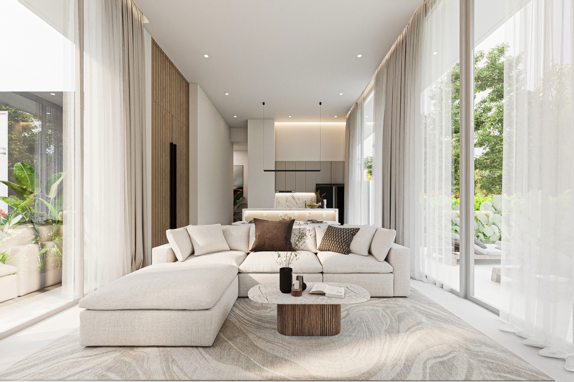 Living room rendering for Enigma Villas Naiharn