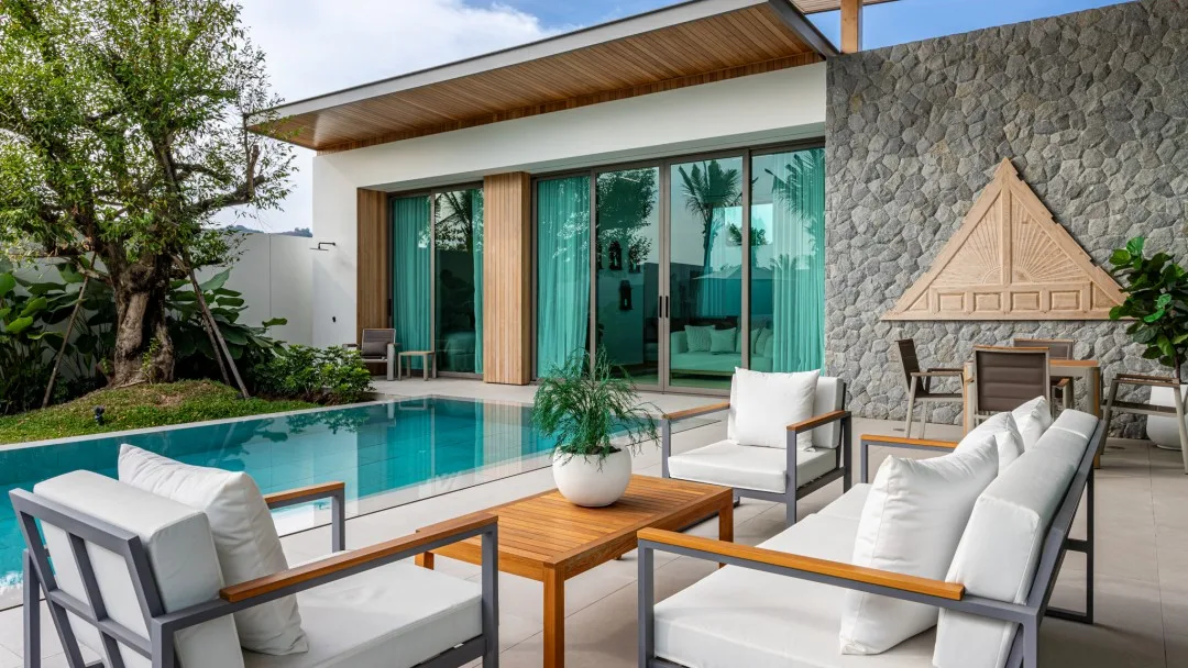 Pool terrace at the completed Mono Champaca B1 show villa