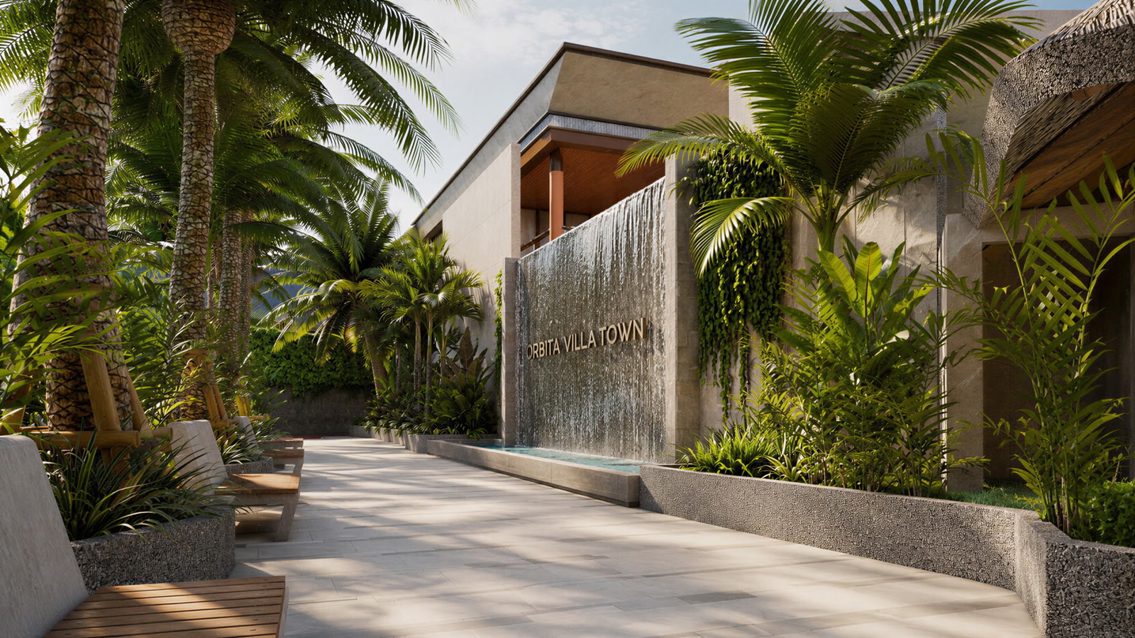 Water feature rendering at Orbita Villa-Town